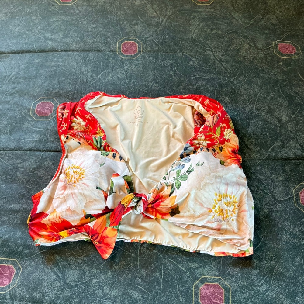 Farm Rio for Anthropologie Floral Tie Front Bikini Top Red Tropical Swim S